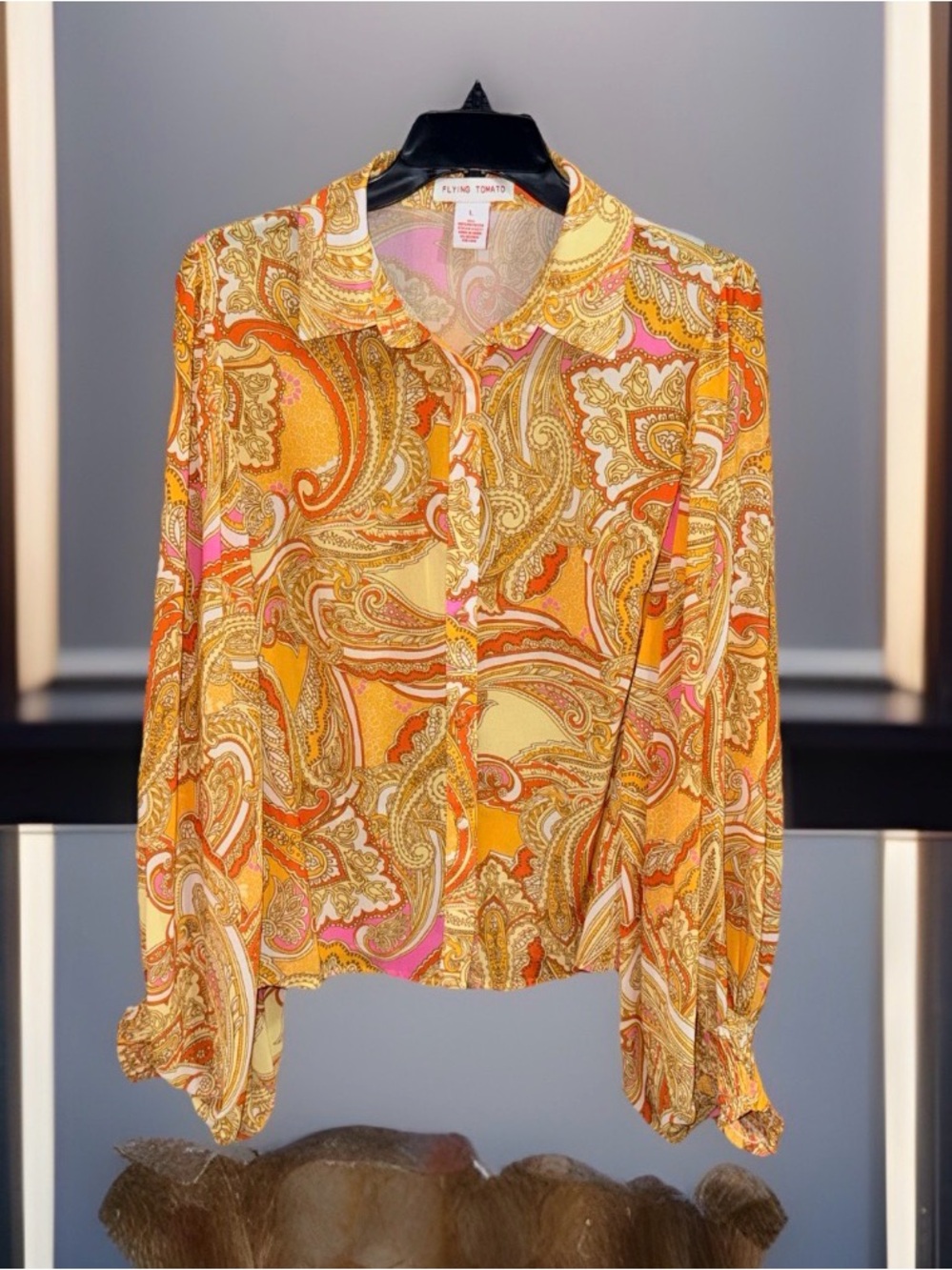 Flying Tomato Yellow Paisley Button-Front Blouse w/Balloon Sleeves-L-EC